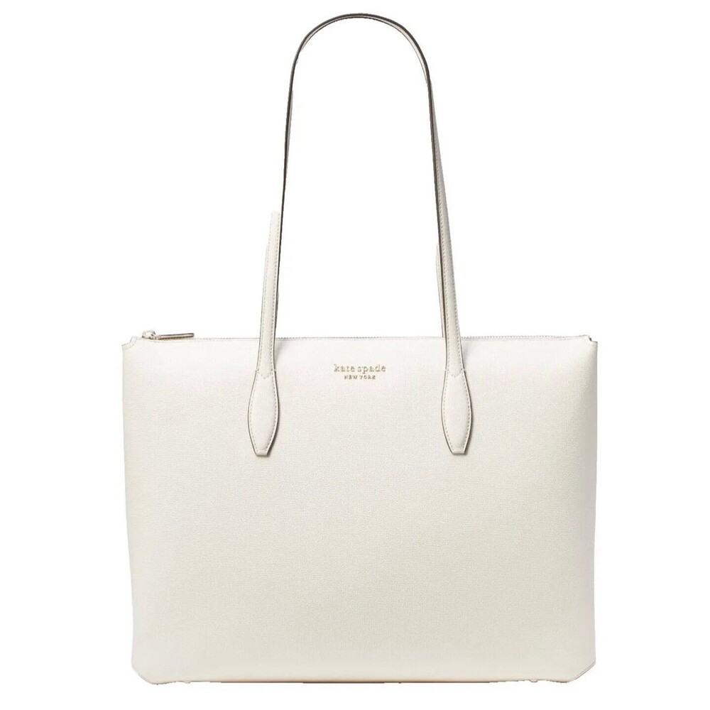 New Kate Spade All Day Large Zip-Top Tote Crossgrain Leather Parchment